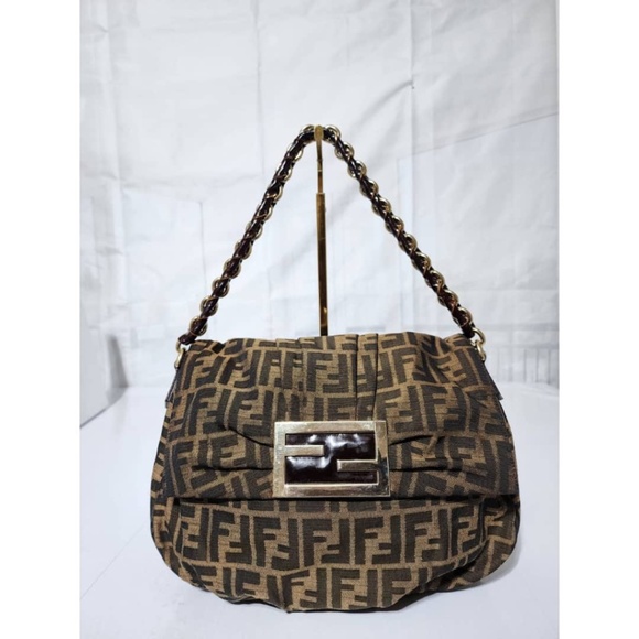 Authentic Fendi Tobacco Zucca Canvas Mia Flap Shoulder Bag Brown